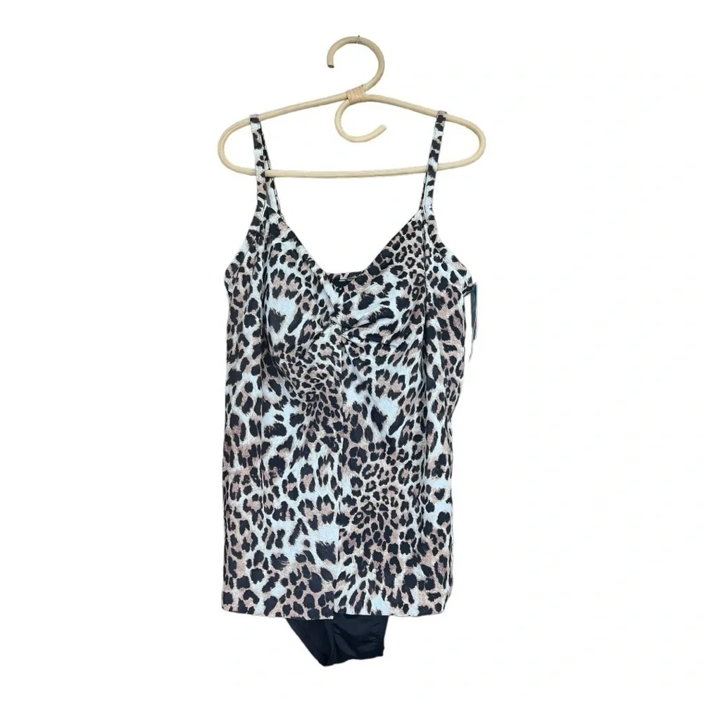 SWIM SOLUTIONS Fauxkini Leopard Knotted Flyaway One-Piece Swimsuit Plus 18W - Picture 3 of 16
